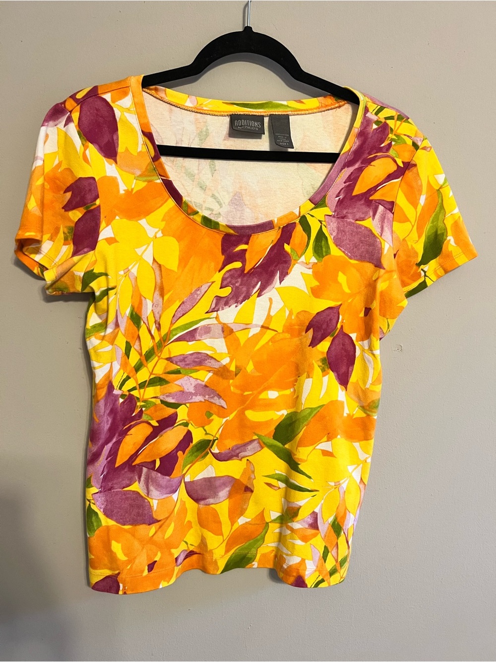 Chico's Yellow Floral Scoop Neck Short Sleeve Tee | Women’s Size 1